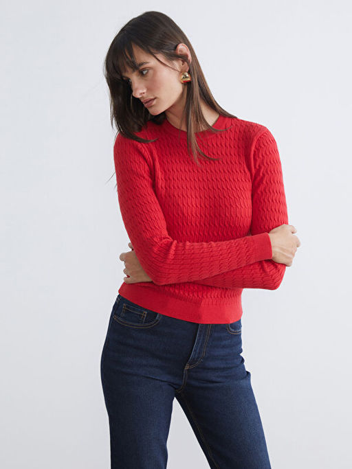 Bisiklet Yaka Kendinden Desenli Kad?n Triko Kazak