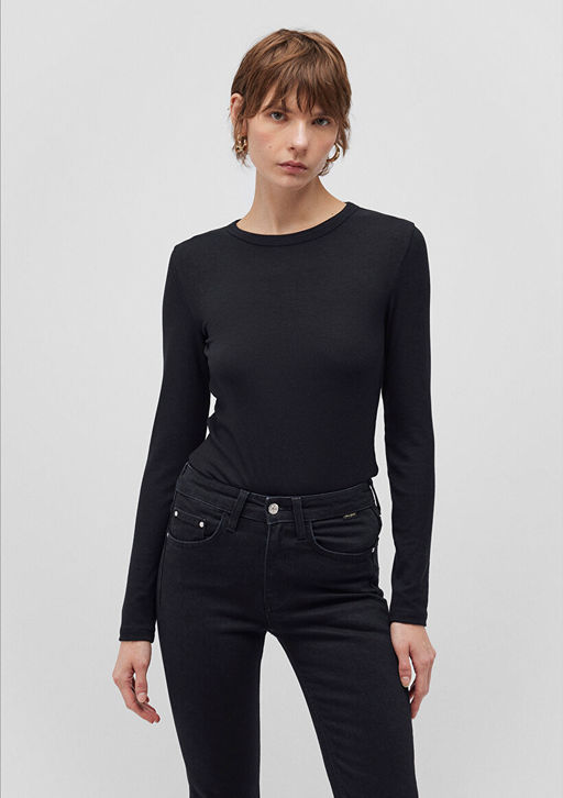 Uzun Kollu Siyah Basic Tisort - Mavi фото 2