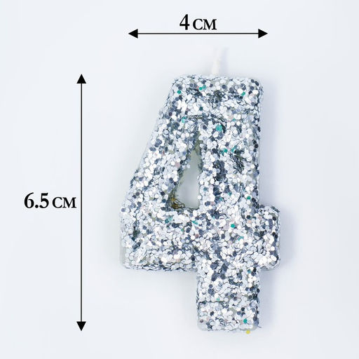 Цена за 2 шт. Свеча в торт с блестками «Цифра 4», 6.5×4 см, серебряная