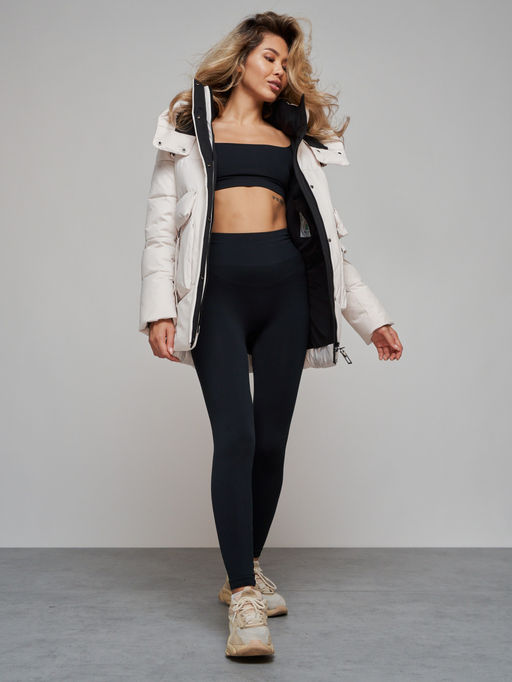 Зимняя женская куртка модная с капюшоном бежевого цвета 589827B - RoccaManer фото 26