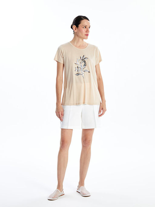 Bisiklet Yaka Bask?l? K?sa Kollu Kad?n Ti??rt