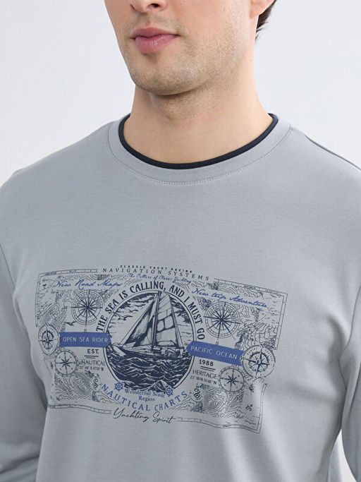 Bisiklet Yaka Bask?l? Erkek Sweatshirt