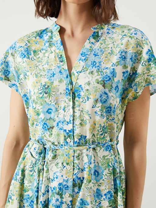 Ka??k Yaka ?i?ekli Pileli Elbise