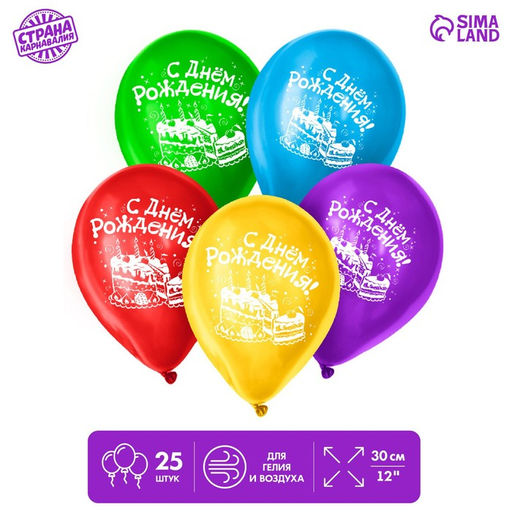 Воздушный шар латексный 12" "С днём рождения", торт, 25 шт.