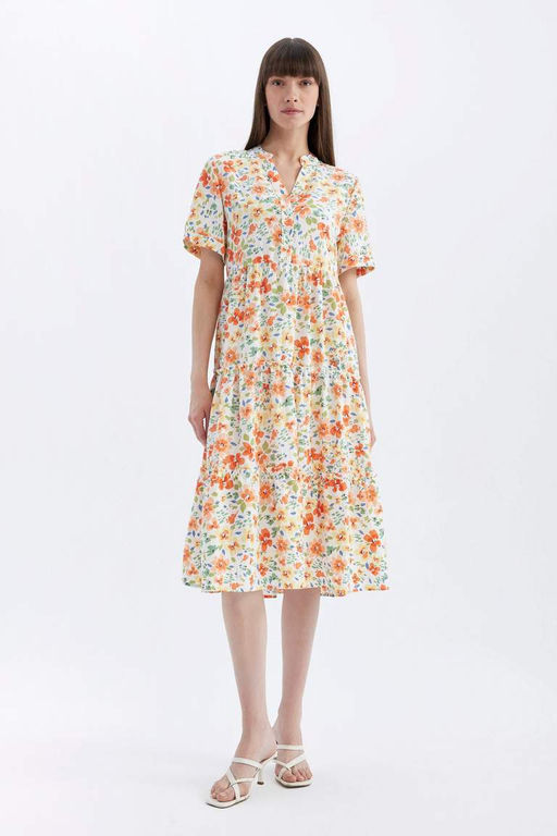 Платье миди с короткими рукавами и V-образным вырезом с рисунком - Defacto фото 5