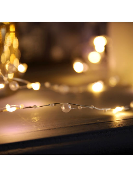 Гирлянда «Нить» 5 м роса с насадками «Перламутр», IP20, нить серебристая, 50 LED, батарейки AAx2 (не в комплекте), 2 режима, свечение тёплое белое