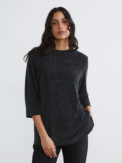 Bisiklet Yaka Parlak G?r?n?ml? Bluz