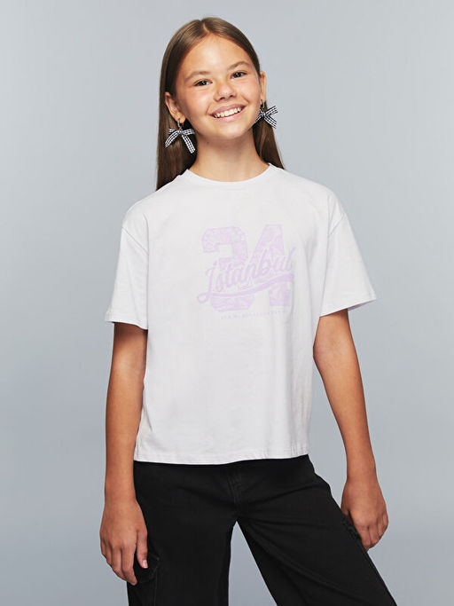 Bisiklet Yaka ?stanbul Bask?l? K?z ?ocuk Ti??rt