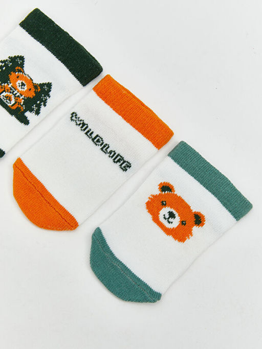 Bask?l? Erkek Bebek Patik ?orap 3l?