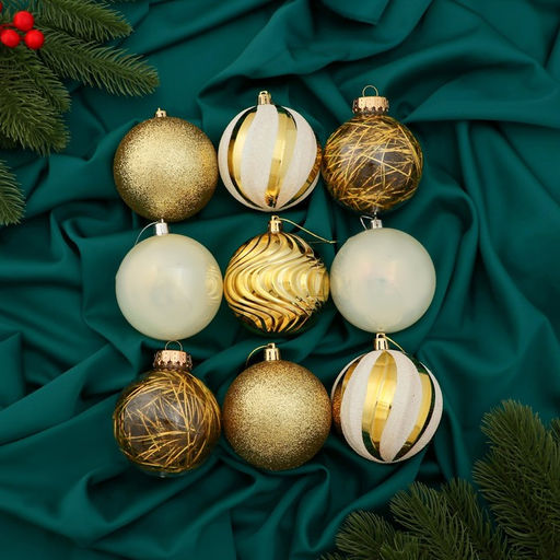 Ёлочные игрушки Мелодия, шары новогодние, d=8 см, набор 9 шт., полосы, бело-золотой