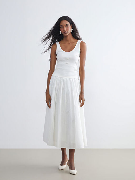 U Yaka Boncuk ??lemeli Fiyonklu Bluz