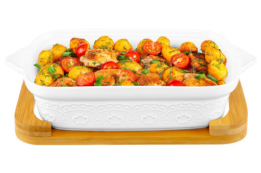 Блюдо д/запекания и сервировки 1,1 л 30*18*13 см "Белый узор" с стекл крышкой на дер подст.