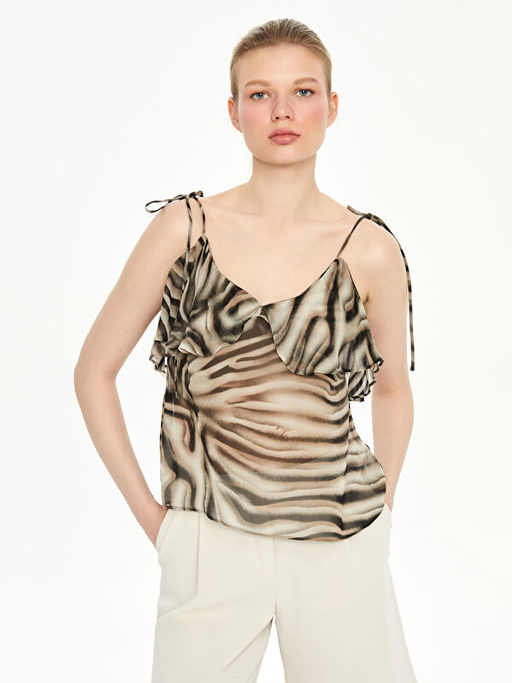 U Yaka Desenli ?ifon Bluz