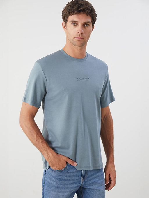 Bisiklet Yaka Bask?l? Erkek Ti??rt