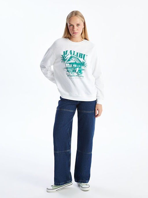 Bisiklet Yaka Bask?l? Oversize Kad?n Sweatshirt
