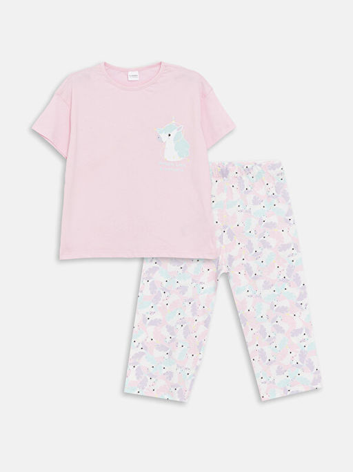 Bisiklet Yaka Bask?l? K?sa Kollu K?z ?ocuk Pijama Tak?m?