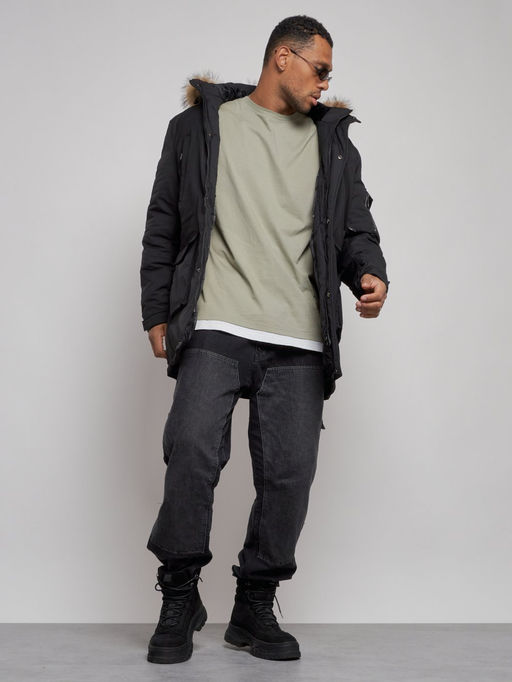 Парка мужская зимняя удлиненная с мехом черного цвета 8318Ch - Wonderrman фото 15