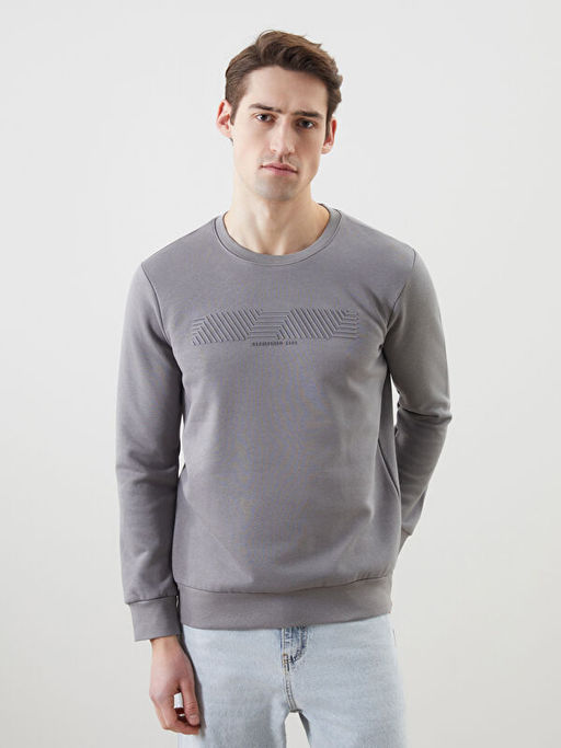 Bisiklet Yaka Bask?l? Erkek Kal?n Sweatshirt