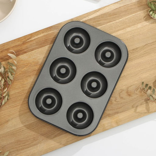Форма для выпечки Доляна «Пончики», 26.5×17 см, 6 ячеек, антипригарное покрытие, чёрная