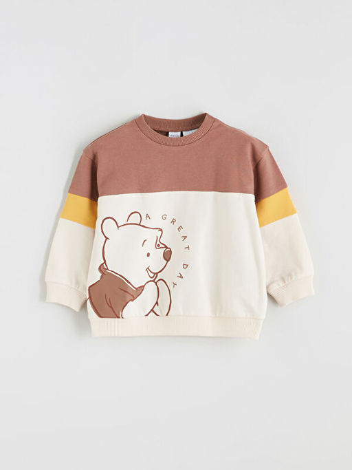 Bisiklet Yaka Uzun Kollu Winnie the Pooh Bask?l? Erkek Bebek Sweatshirt ve Jogger Pantolon 2li