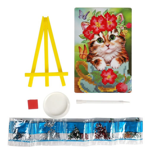 Цена за 2 шт. Алмазная мозаика с частичным заполнением на подставке Котик, 13?19 см, картон