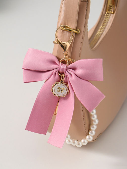 Брелок для ключей на карабине «Двойной бант с жемчугом и подвеской», на сумку, рюкзак, розово-белый 13×8.5×1 см