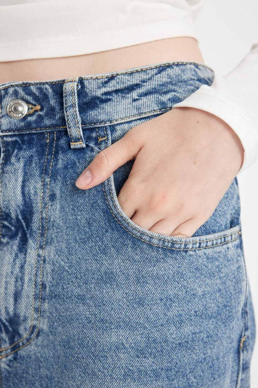 Джинсовые брюки до щиколотки Baggy Fit с высокой талией и складками, потертые брюки - Defacto фото 5