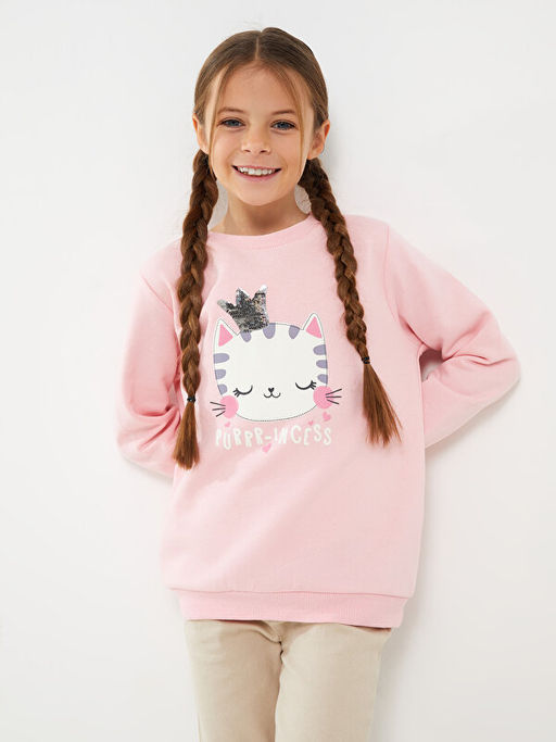 Bisiklet Yaka Bask?l? Uzun Kollu K?z ?ocuk Sweatshirt