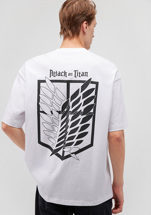 Attack On Titan Bask?l? Beyaz Tisort - Mavi фото 2