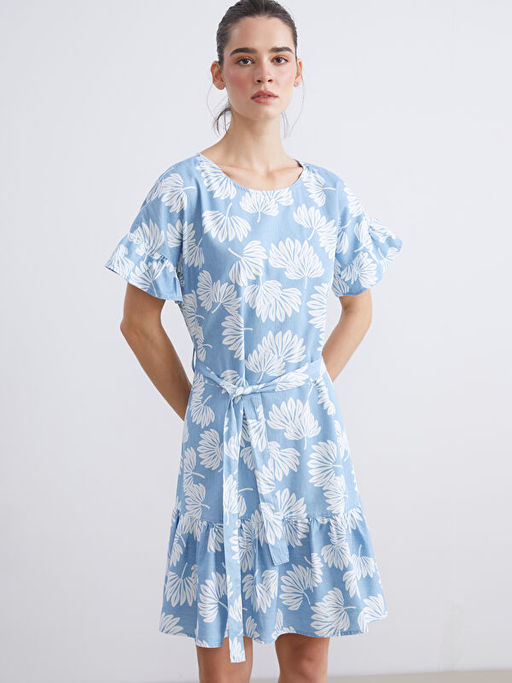 Bisiklet yaka ?i?ekli F?rf?rl? Jean Elbise