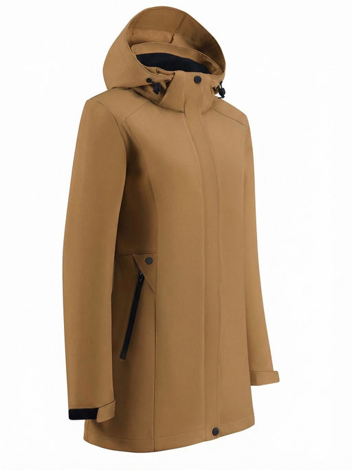 Парка женская софтшелл виндстоппер удлинённая с капюшоном горчичного цвета 9614_1G