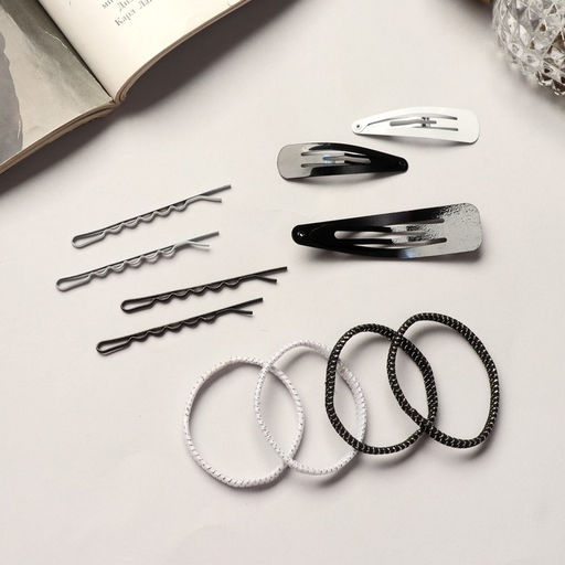 Цена за 2 шт. Набор для волос QF «Классика», 6 шт.: 4.5 см, 8 шт.: 6 см, 2 шт.: 6.5 см, 8 резинок, чёрно-белый