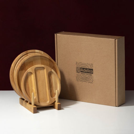 Подарочный набор посуды Adelica «Бари», доска разделочная d=25 см, блюдо для подачи d=24 см, менажница 3 секции d=20 см, подставка, дерево берёза