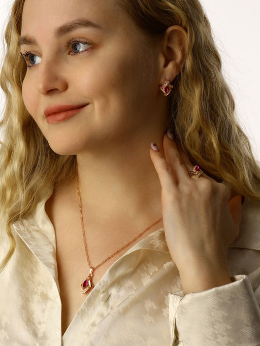 Гарнитур 3 предмета: серьги, кулон, кольцо Эдель ромб совершенство, цвет розовый в золоте, 45 см