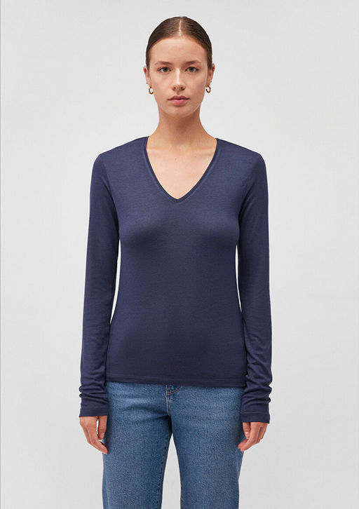 Uzun Kollu Lacivert Basic Tisort - Mavi фото 3