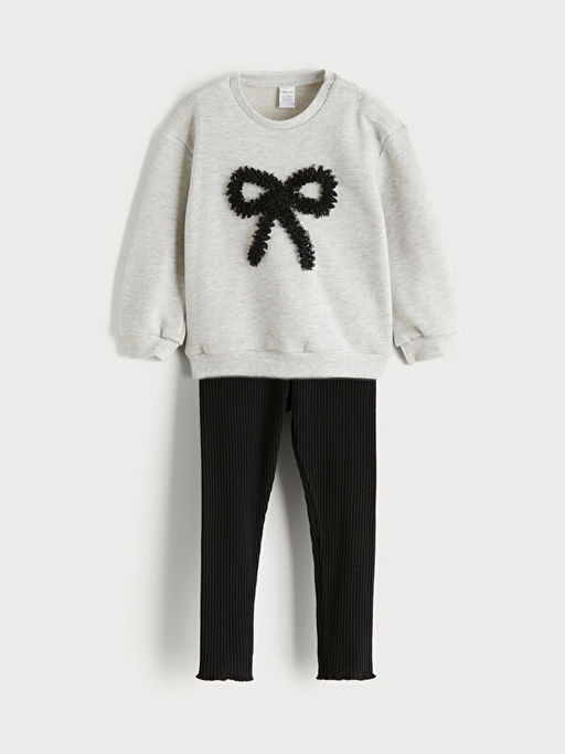 Fiyonk Bask?l? K?z ?ocuk Sweatshirt ve Tayt 2li