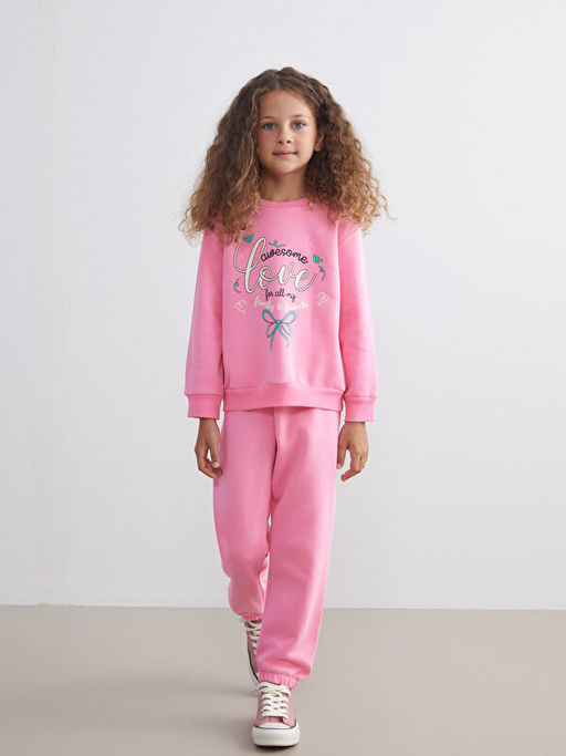 Bask?l? K?z ?ocuk Kal?n Sweatshirt ve E?ofman Alt 2li