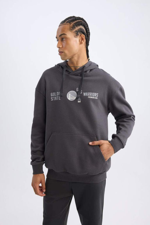 Мужской антрацитовый толстый свитшот DeFactoFit NBA Golden State Warriors свободного покроя с капюшоном и принтом  фото 4