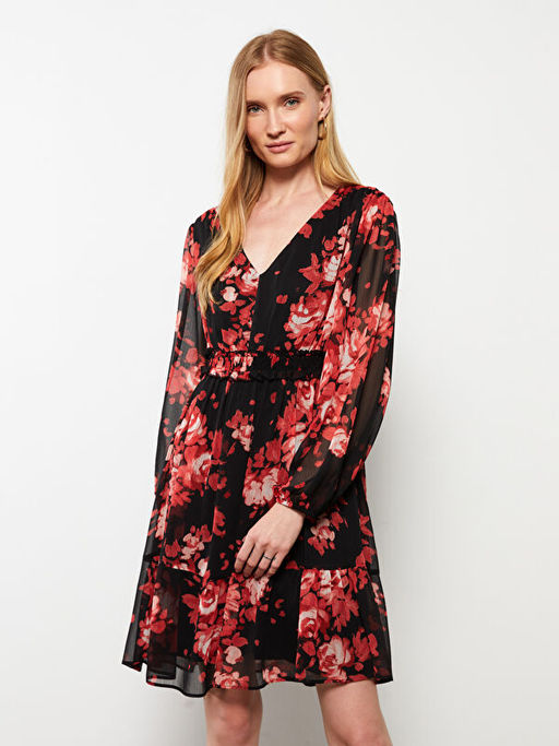 V Yaka Desenli Uzun Kollu ?ifon Kad?n Elbise