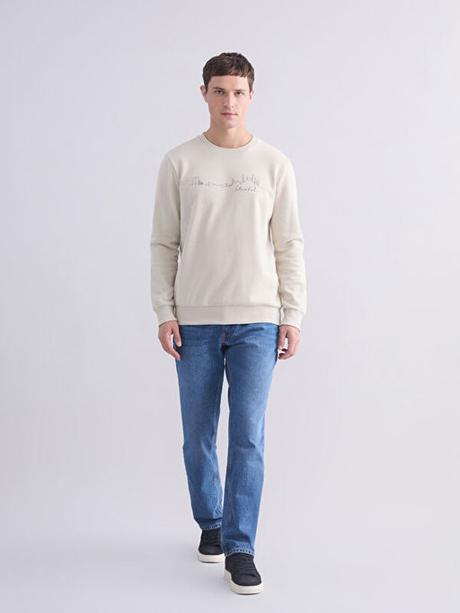 Bisiklet Yaka Bask?l? Erkek Kal?n Sweatshirt