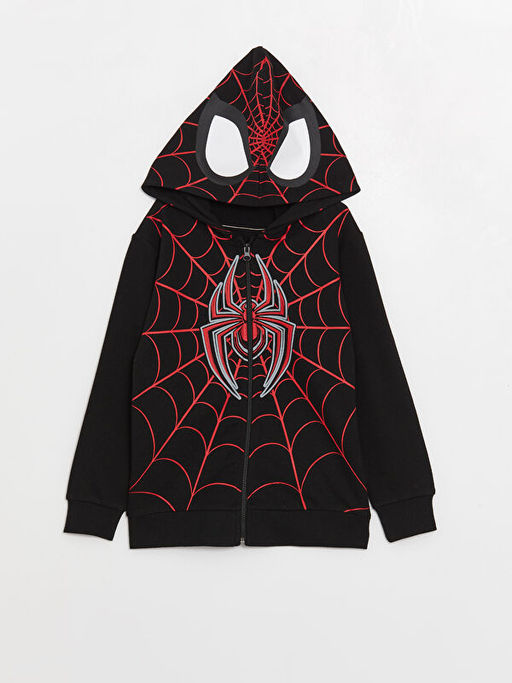 Kap??onlu Spiderman Bask?l? Uzun Kollu Erkek ?ocuk Fermuarl? Sweatshirt