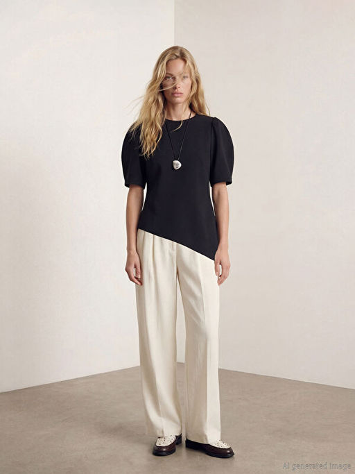 Bisiklet Yaka Balon Kollu Asimetrik Bluz