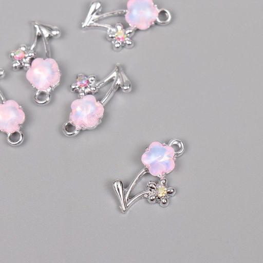 Цена за 5 шт. Декор для творчества металл, стразы «Цветочки», серебро, розовый, 2.2×1.3×0.5 см