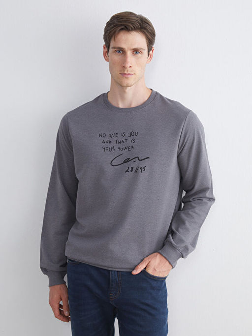 Bisiklet Yaka Bask?l? Erkek Sweatshirt