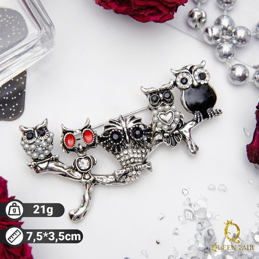 Брошь «Совиная ветвь», цветная в черненом серебре