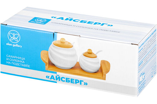Набор - сахарница 590 мл + солонка 210 мл 28*12,3*12 см "Айсберг волны" + 2 ложки на дер. подст.