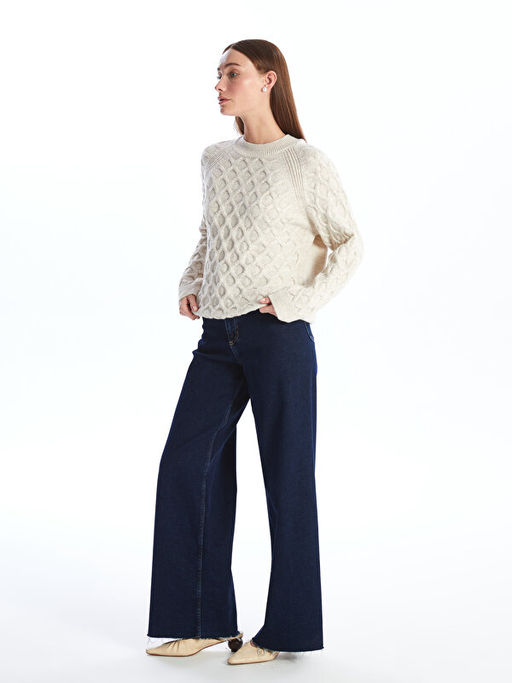 Bisiklet Yaka Kendinden Desenli Uzun Kollu Kad?n Triko Kazak