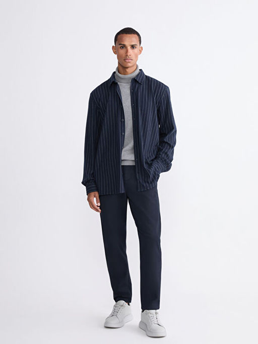 B?y?k Beden Slim Fit Uzun Kollu ?izgili Erkek G?mlek