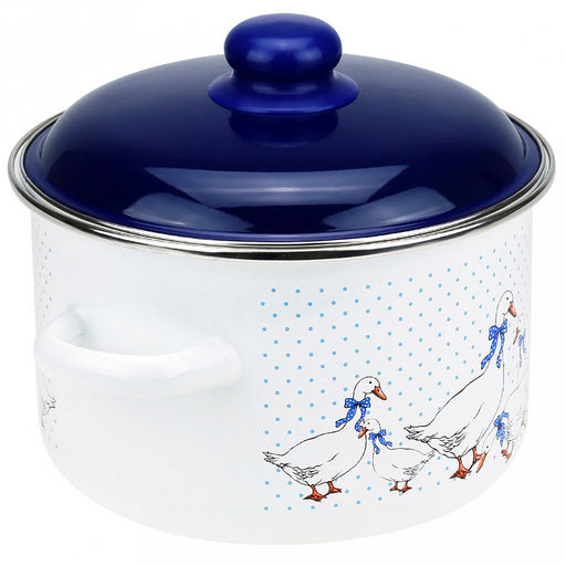 "Гуси" Кастрюля эмалированная 4л, д22см, h13см, цилиндрическая форма, металлическая крышка, белый (Россия)