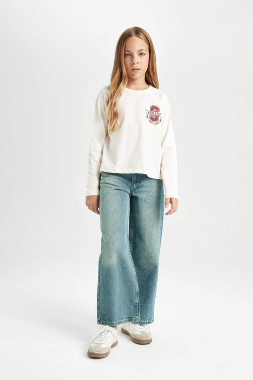 Футболка Relax Fit для девочек с круглым вырезом и длинными рукавами с принтом - Defacto фото 2